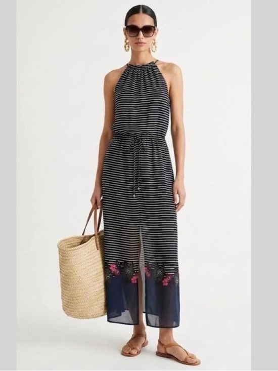 A.L.C. Dresses & Skirts - A.L.C ALC silk black white stripe cinch tie waist halter floral trim maxi dress